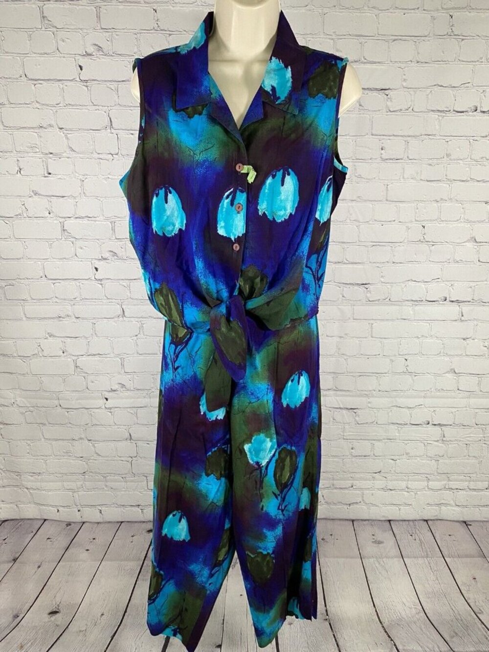 VTG Caribou New York Two Piece Blue Purple Green Pants Sleeveless Top Womens L